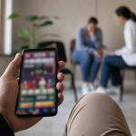 Pessoa segurando celular com aplicativo de apostas desfocado diante de ambiente de atendimento público de saúde