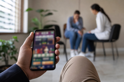 Pessoa segurando celular com aplicativo de apostas desfocado diante de ambiente de atendimento público de saúde